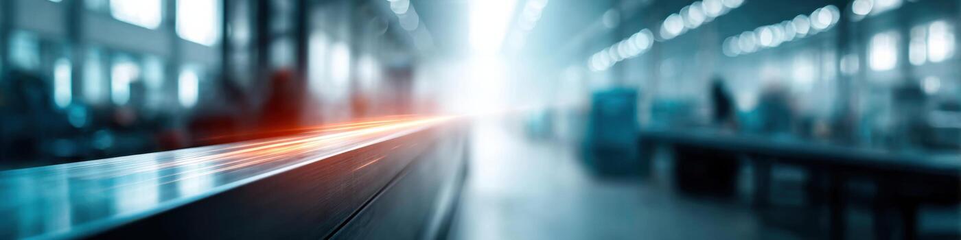 Dynamic view of stand production in a lively factory environment with text area photo