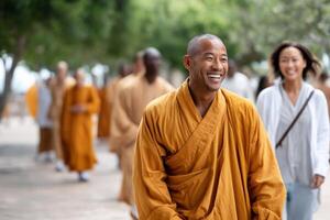 Joyful monks engaging in vibrant activities in a monastery garden photo