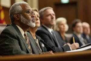Diverse judges and lawyers engage in courtroom discussions during important legal proceedings photo
