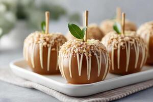 Caramel apples drizzled with chocolate and nuts perfect for autumn celebrations photo