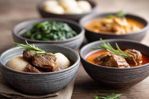Delightful fufu served with an array of colorful stews on a rustic wooden table photo