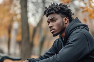 Young Black man contemplates life alone in a quiet park during autumn photo
