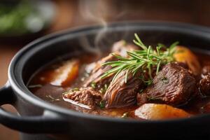 Rich wild game stew simmering in a traditional pot with herbs and vegetables photo