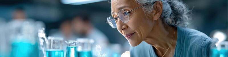 Elderly Asian female bioengineer conducting experiments in a vibrant laboratory setting photo