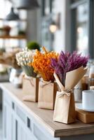 Colorful dried flower bouquets displayed creatively in a bright indoor setting for cheerful decor photo