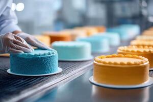 Colorful cakes being crafted in a lively bakery environment with intricate designs and vibrant frosting photo