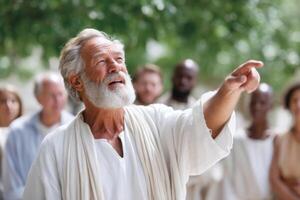 Prophet Isaiah passionately addressing a crowd with vivid expressions in an outdoor setting photo