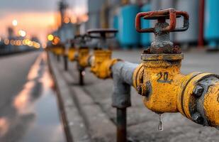 Close-up view of yellow pipes and gray flow meters at an industrial gas station during sunset photo