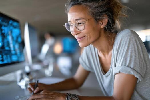 Database Administrator analyzing performance metrics in a bright office environment photo