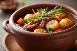 Hearty caterpillar stew served in an earthenware pot filled with fresh vegetables and spices photo