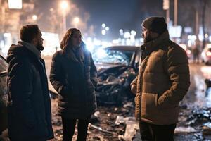 Emergency discussion after traffic accident involving a group of diverse individuals at night photo