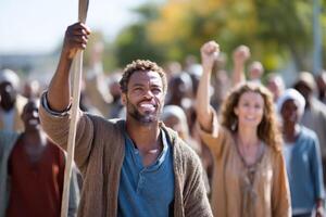 Diverse group shows unity and support for courageous figure in uplifting rally outdoors photo