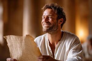Joyful man reading ancient scroll in sunlit room filled with vibrant colors photo