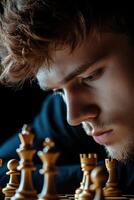 Young chess player focused intently during a competitive tournament match photo