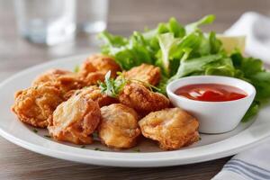 Enjoying delicious battered rocky mountain oysters served with dipping sauce and salad on a sunny day photo