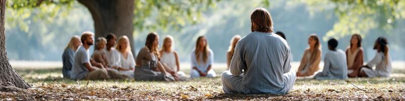 Jesus teaches his disciples in a serene outdoor setting surrounded by nature and vibrant greenery photo