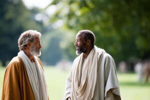 Thoughtful discussion between Jesus and Nicodemus in a serene outdoor setting photo