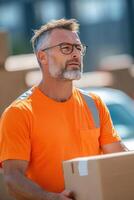 Middle-aged man discusses logistics improvements with delivery team to address delivery delays photo