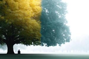 Contrast between choice and consequence in a vibrant garden with trees symbolizing life and knowledge photo