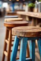 Close-up exploration of artistic stools in vibrant dining settings photo