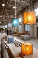 Bright colors and innovative designs shape light fixtures in a modern production space photo