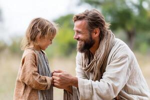 Smiling man helping child in vibrant nature background showcasing kindness and compassion photo