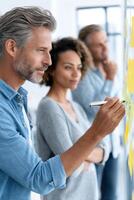 Diverse team collaborating on innovative process improvements in bright conference room photo