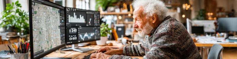 Elderly Hispanic male analyst working on financial forecasts in bright office space photo
