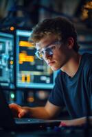 Young electronics technician programming software in a modern tech office environment photo