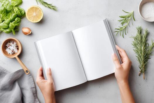 Modern cookbook hands display a colorful foodie backdrop with empty pages for creativity and design photo