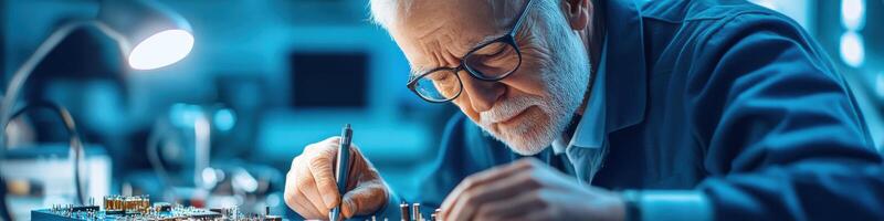 Elderly Hispanic male technician skillfully repairs a quartz watch circuit board in a workshop setting photo