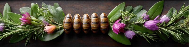 Unique cicada pie garnished with fresh herbs and vibrant flowers for a distinctive culinary experience photo