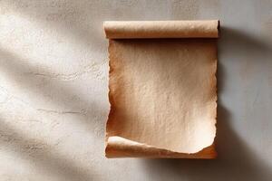 Elegant aged parchment with intricate texture displayed on a colorful backdrop for creative use photo