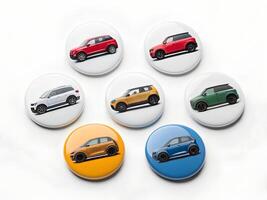 Collection of Colorful Car Buttons Red, White, Blue, Green, Yellow, and Orange Compact SUVs and Hatchbacks photo