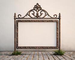 Rustic Ornate Metal Signboard with Blank White Space photo