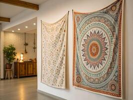 Two Colorful Tapestries Hanging on a White Wall in a Modern Interior photo
