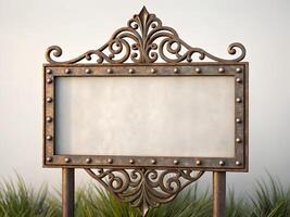 Rustic Ornate Metal Sign with Blank White Space photo