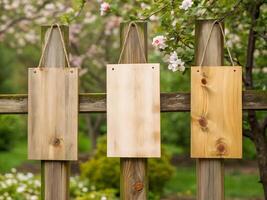 Three Blank Wooden Signs Hanging on Rustic Fence with Spring Blossoms photo