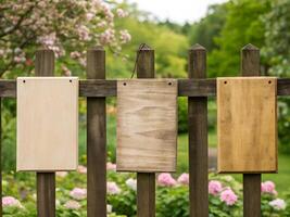 Blank Wooden Signs on Rustic Fence in Spring Garden photo