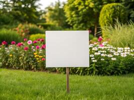 Blank White Sign in a Colorful Garden Setting photo
