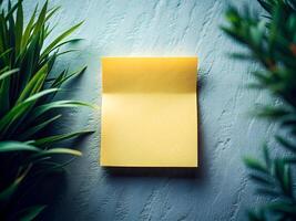 Blank Yellow Sticky Note with Green Plants on Blue Textured Background photo