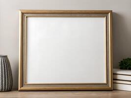 Gold Frame Mockup with White Background on Wooden Surface photo