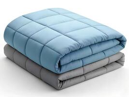 Blue and Gray Quilted Weighted Blankets Folded on White Background photo