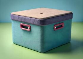 Teal Textured Storage Box with Pink Handles and Beige Lid photo