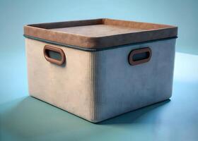 Beige and Blue Fabric Storage Box with Brown Accents on Teal Background photo