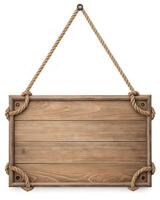 Rustic Brown Wooden Hanging Sign with Rope Knots on White Background photo