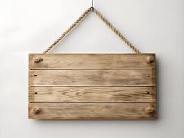 Rustic Weathered Wooden Sign Hanging on White Background photo
