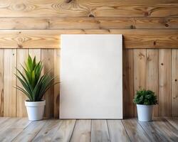 White Canvas Mockup Against Rustic Wooden Wall with Potted Plants photo