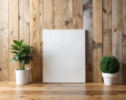 White Canvas Mockup on Wooden Table Against Rustic Wood Wall photo