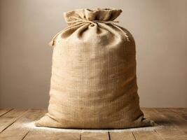 Beige Burlap Sack on Wooden Table Against Neutral Background21 photo